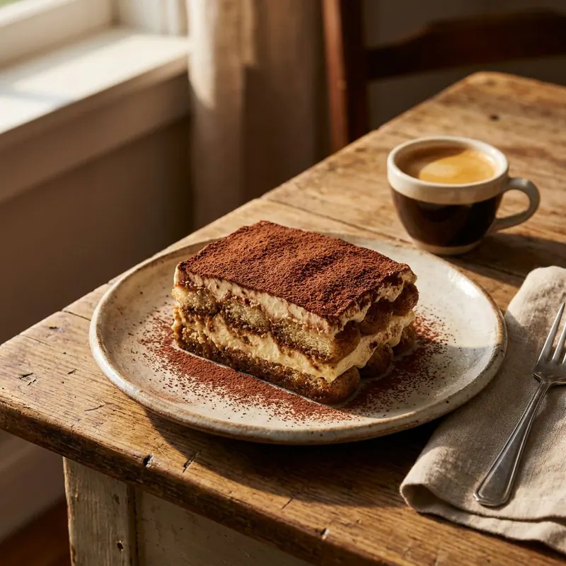 Stück Tiramisù mit Kakaopulver auf Keramikteller, daneben eine Espressotasse und Leinenserviette mit Gabel auf altem Holztisch